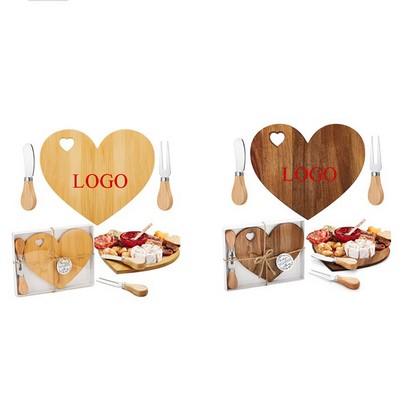 Heart Shaped Bamboo Wood Cheese Board w/ Mini Knive & Fork